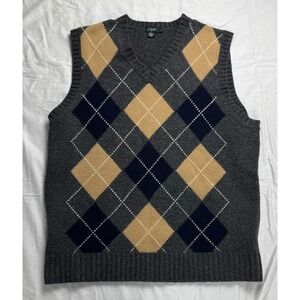 J Crew Mens Argyle Sweater Vest V Neck Lambswool Size L Classic Preppy